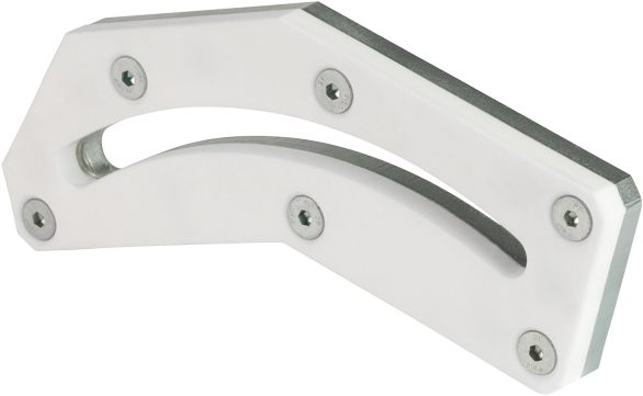 Ein weißes Kunststoff-Element mit Aussparung durch Schrauben verbunden mit einem Metall-Element.