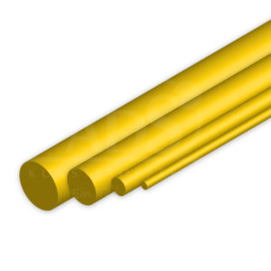 Vier gelbe PE 1000 Rundstäbe in unterschiedlicher Stärke liegen nebeneinander.